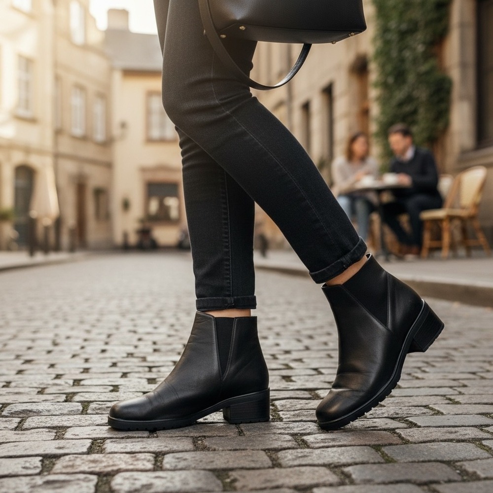 Impo Katrina Black Leather‎ Square Toe Block Heel Ankle Boots Womens 9B Stretch